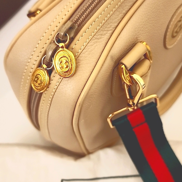 Rare! GUCCI Crossbody Satchel Boston Bag 2-Tone Beige Calfskin +Green Red Strap - Picture 7 of 16
